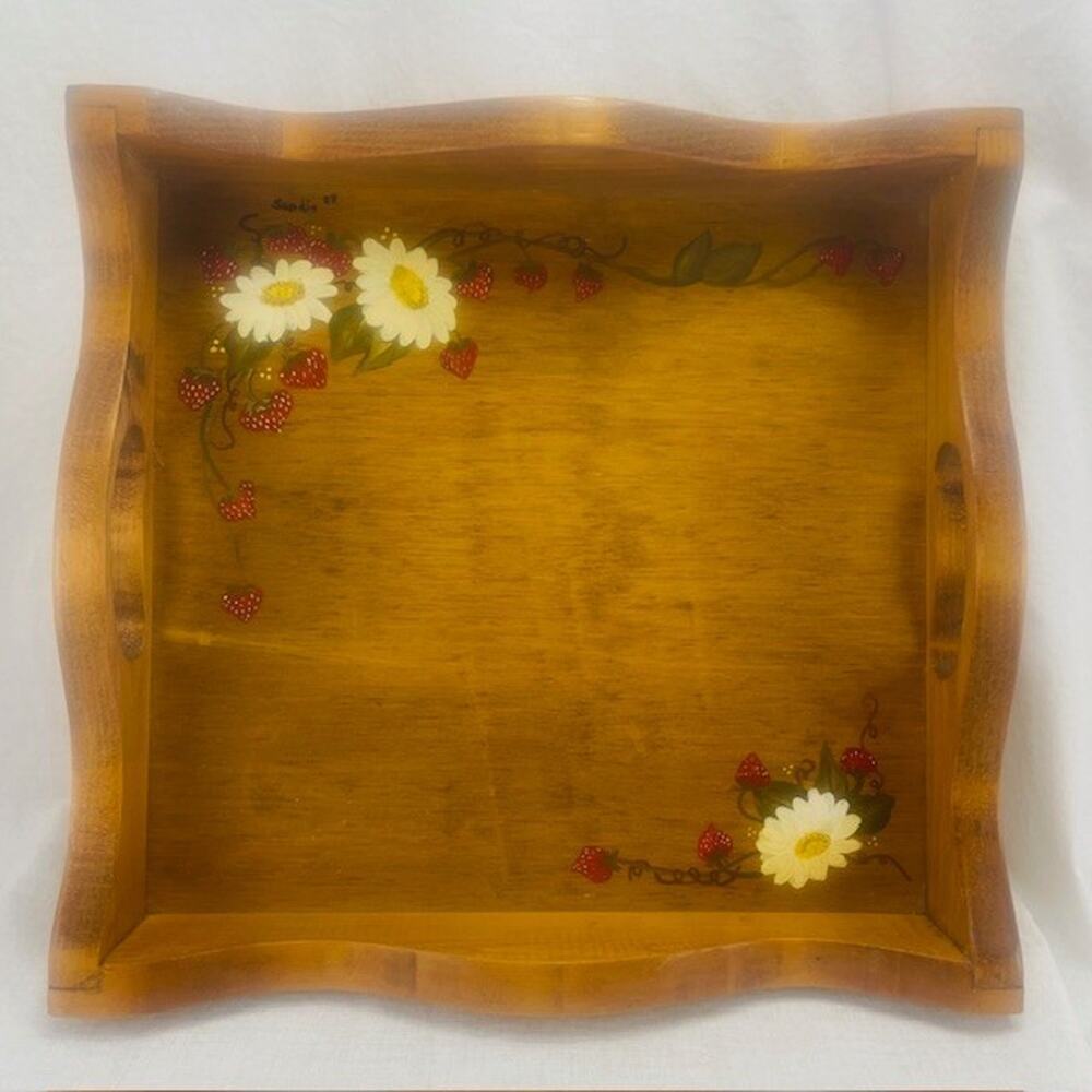 Vintage Wooden Serving Tray Flower Strawberry Theme Design -Approx 12-1/2" X 12"